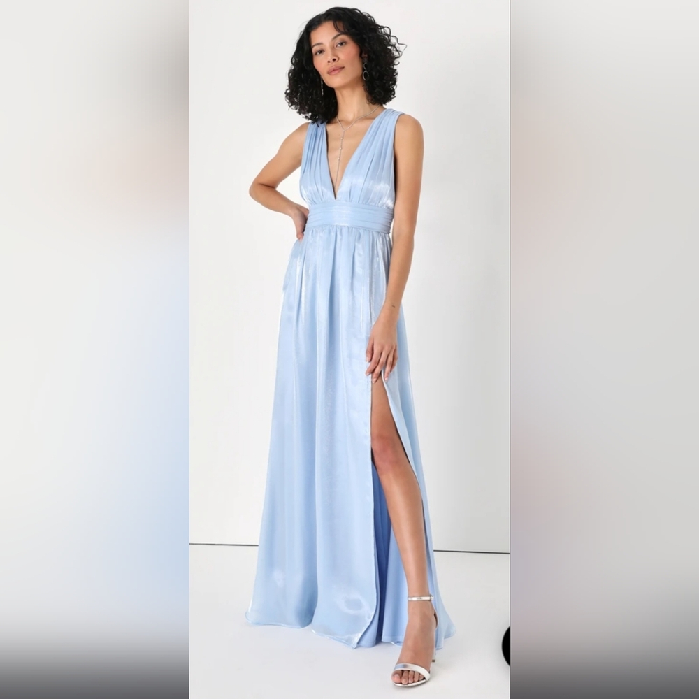 Lulu's Light Blue Satin Plunge V-Neck Maxi Dress